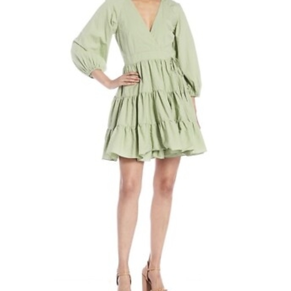 Gianni Bini Light Green Long Sleeve Tiered Wrap Dress